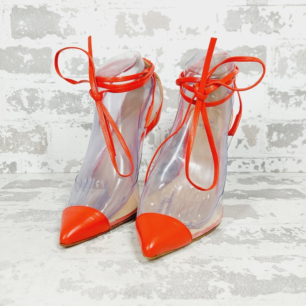 New BROTHER VELLIES De Fleur Ankle Tie Pointed Toe Leather Orange Pumps X509 - Picture 2 of 13